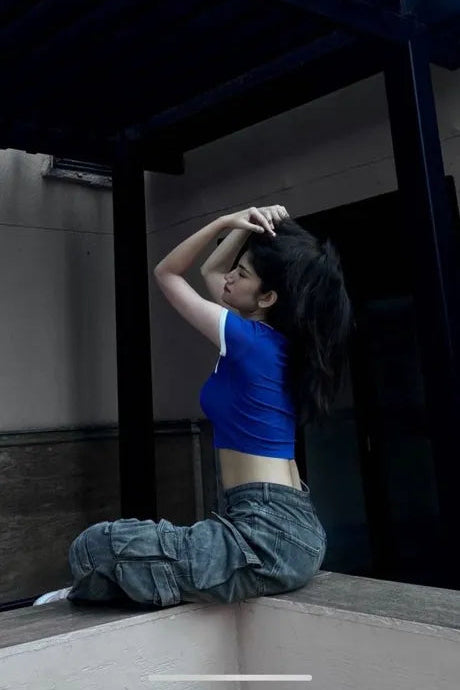 Dark Blue Graphic Crop Tshirt