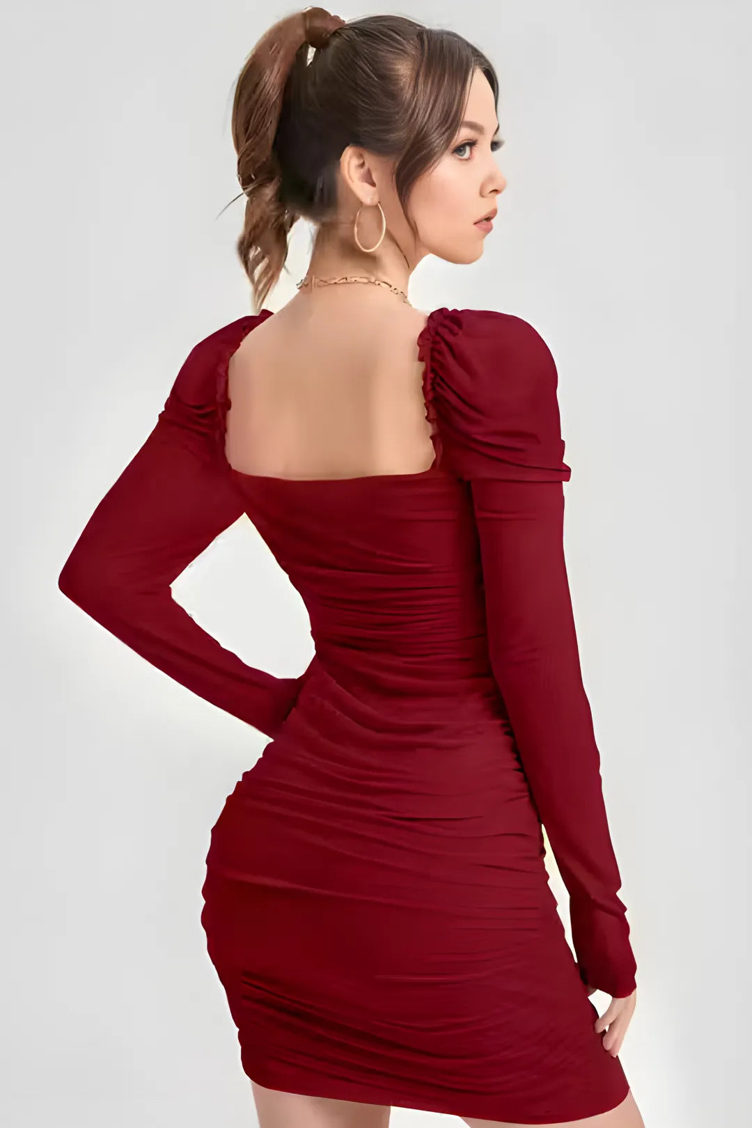 Wine Red Ruched Long-Sleeve Dress