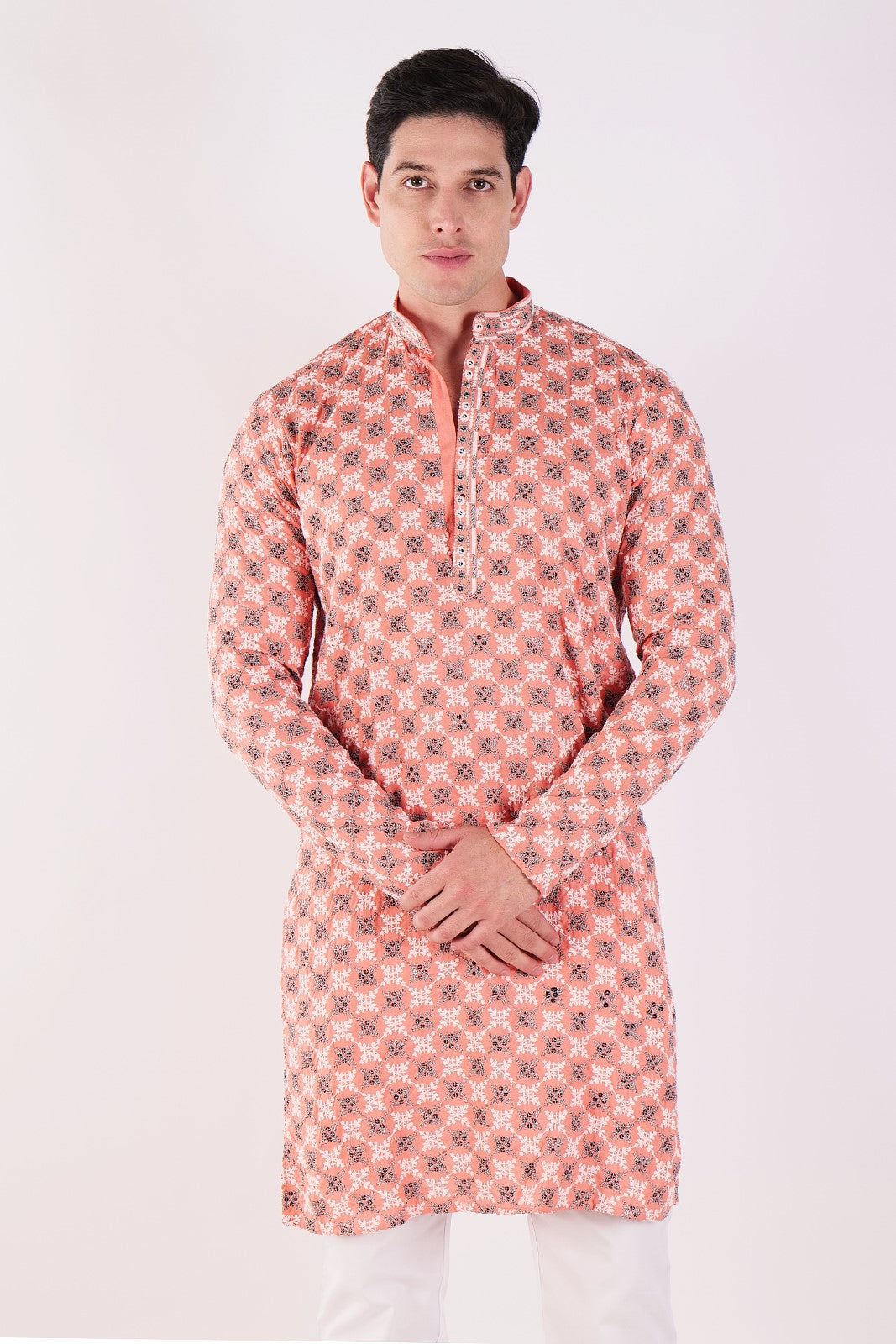 Peach Embroidered Kurta & Pajama Set