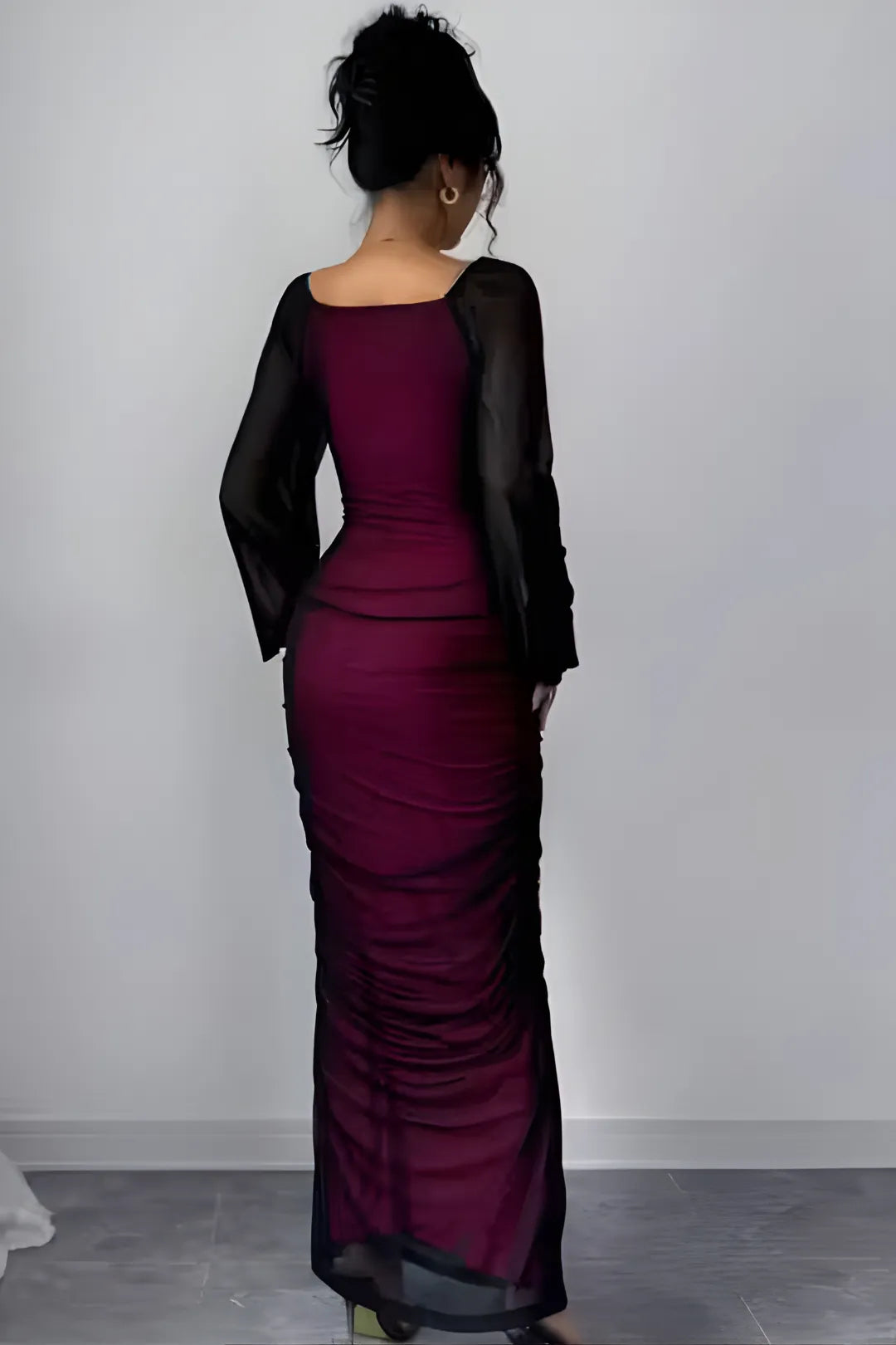 Burgundy Ombre Mesh Ruched Maxi