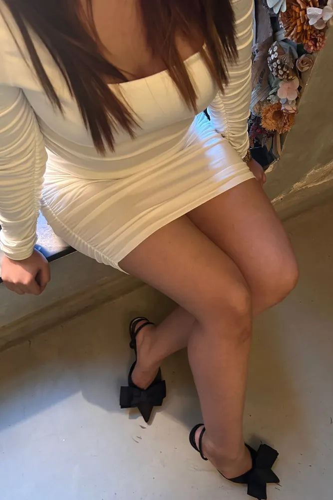 White Square Neck Ruched Bodycon Dress