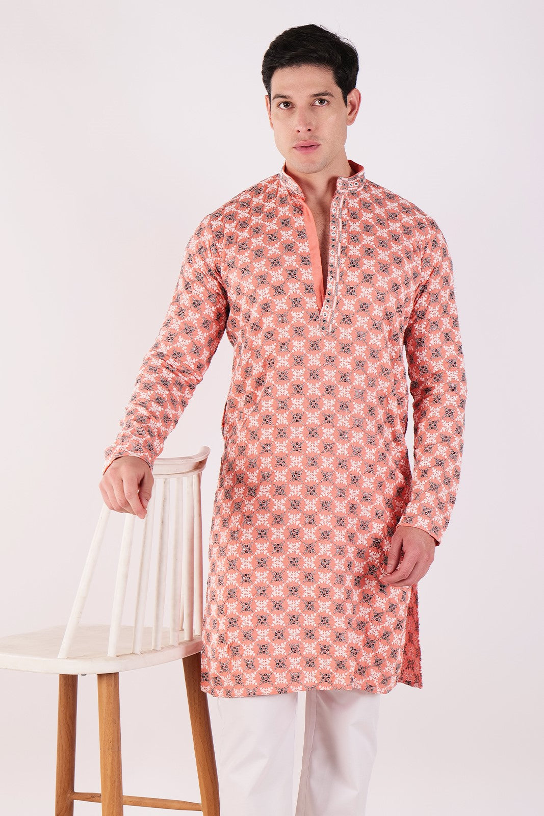 Peach Embroidered Kurta & Pajama Set