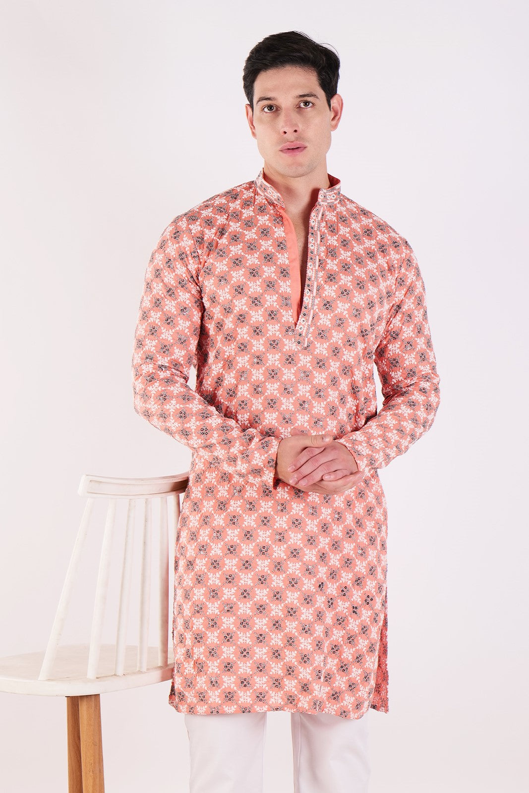 Peach Embroidered Kurta & Pajama Set