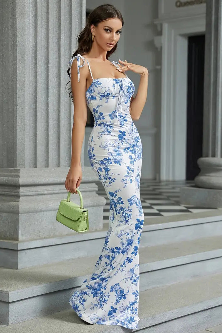 Belle Floral Print Tie Shoulder Mermaid Hem Dress