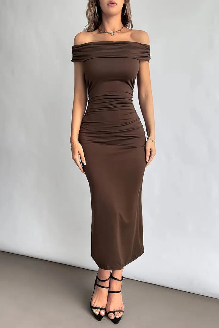 Off-the-Shoulder Ruched Midi Dress