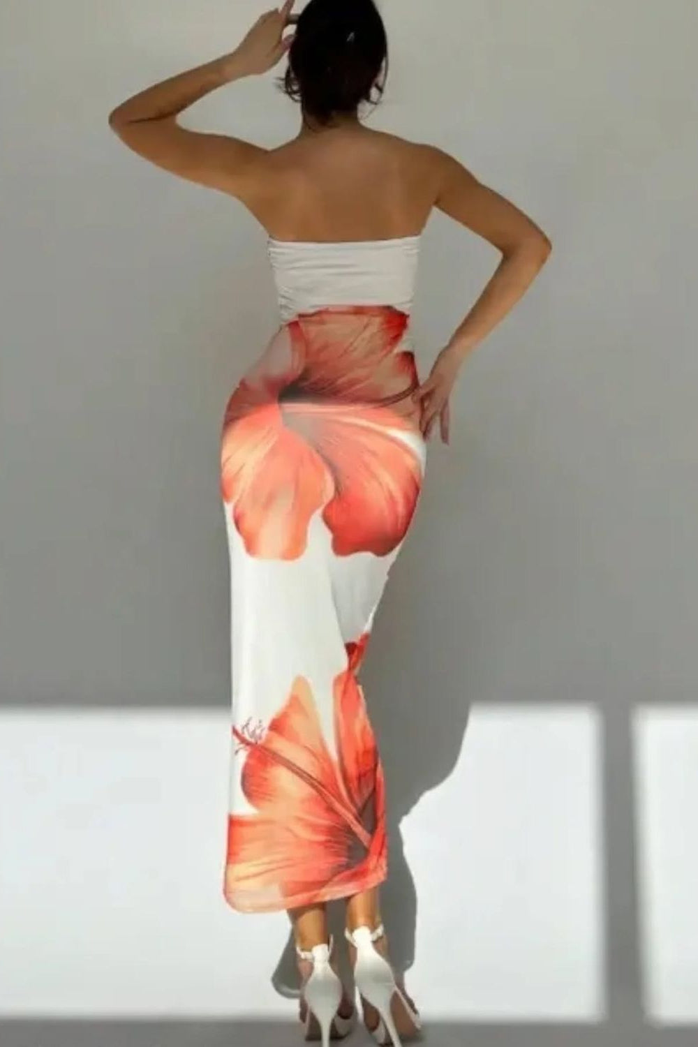 White Strapless Hibiscus Print Maxi Dress