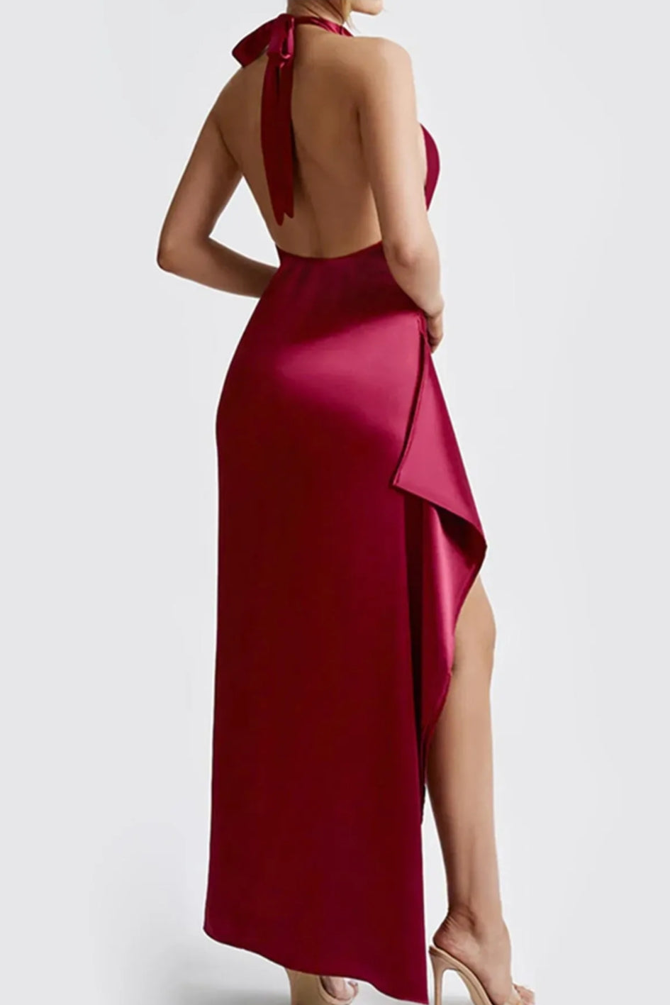 Maroon Solid Halter Neck Draped Dress