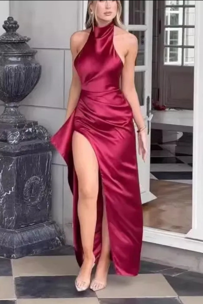 Maroon Solid Halter Neck Draped Dress