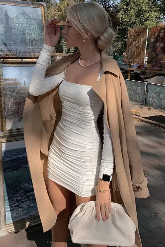 White Square Neck Ruched Bodycon Dress