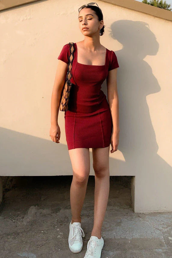 Red - Veronica Dress (Women Bodycon Square Neck Dress)