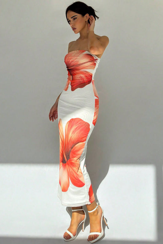 White Strapless Hibiscus Print Maxi Dress