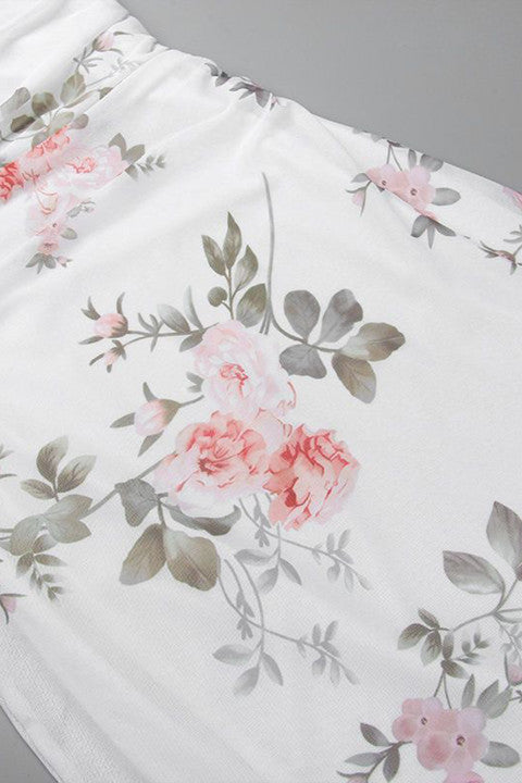 White Floral Print Ruched Mesh Dress