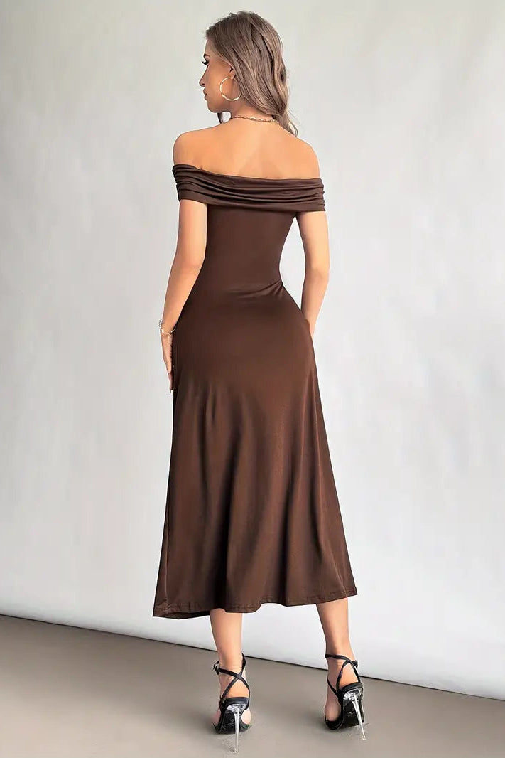 Off-the-Shoulder Ruched Midi Dress