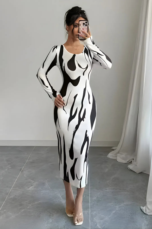 Black and White Abstract Long Sleeve Dress