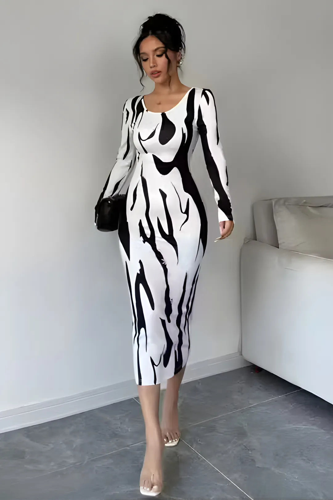 Black and White Abstract Long Sleeve Dress