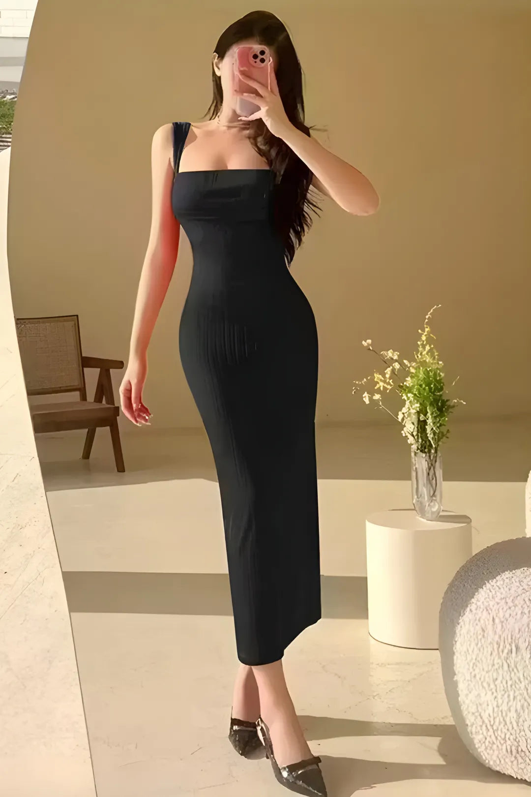 Black Strapped Sheath Maxi Dress