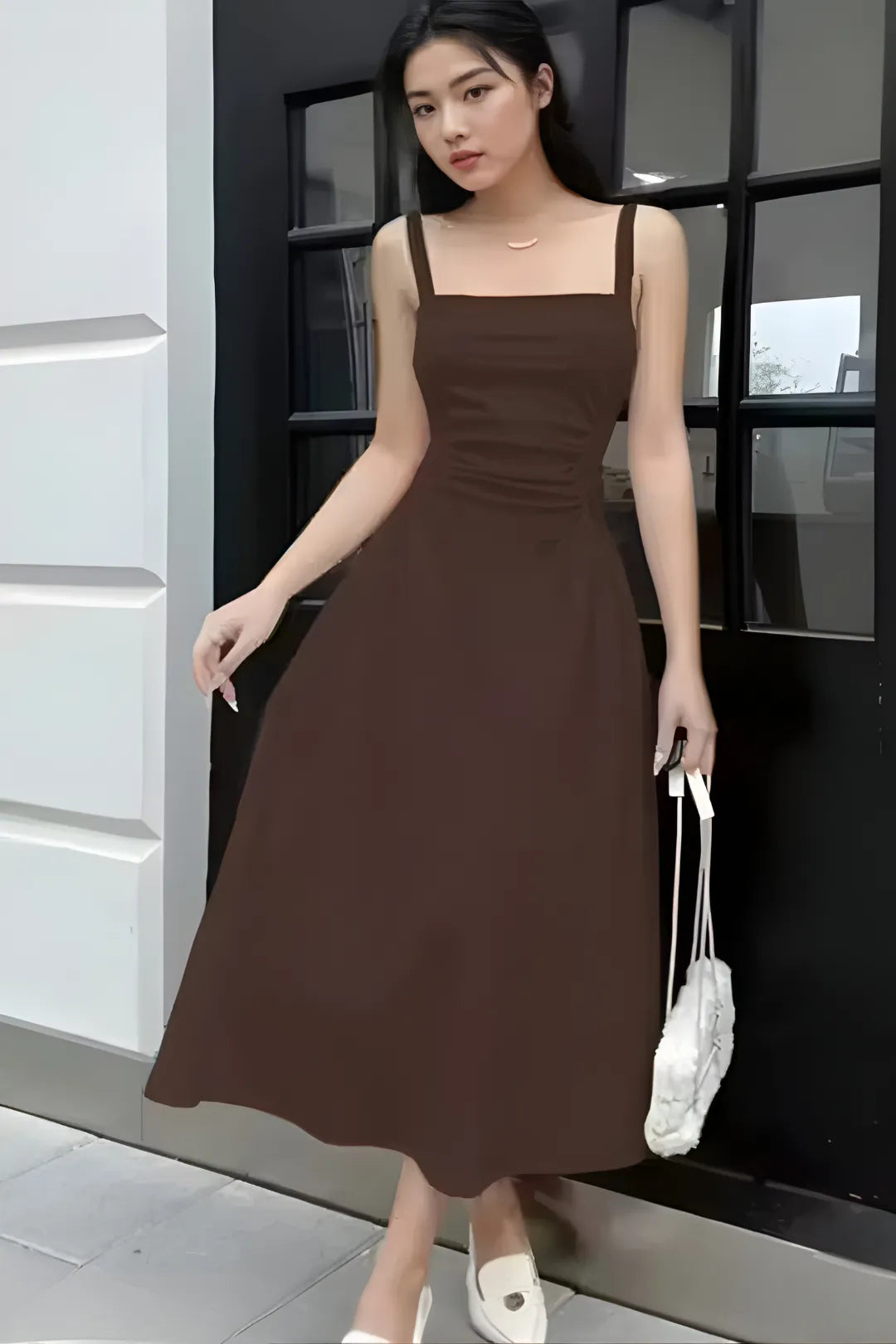 Brown Strapped Fit and Flare Dress
