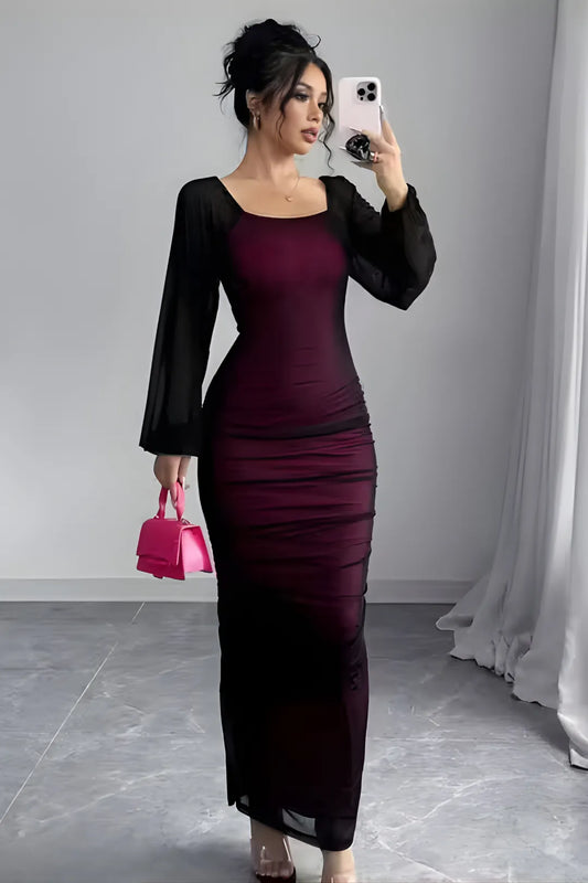 Burgundy Ombre Mesh Ruched Maxi