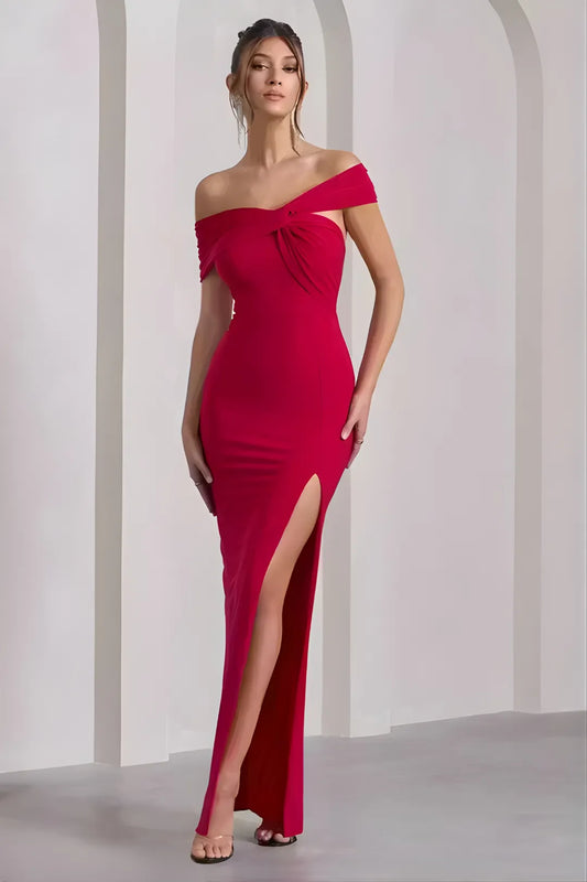 Red Off-The-Shoulder Slit Maxi Dress
