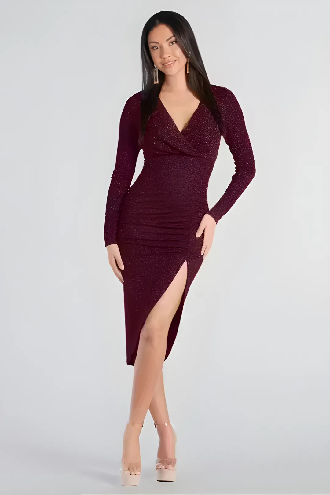 Burgundy Low-Neck Bodycon Column Dress