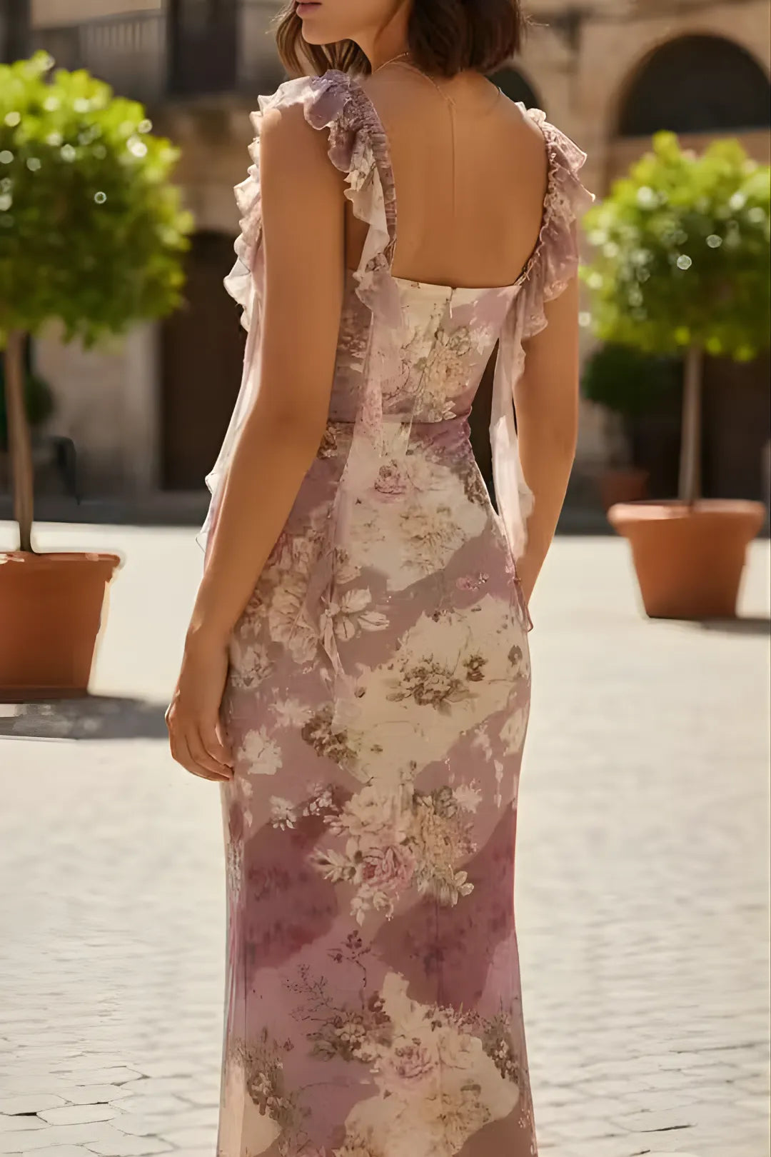 Ruched Floral Ruffle Maxi