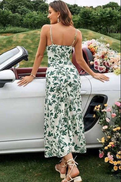 Green Leaf Print Cami Cut-Out Maxi Dress