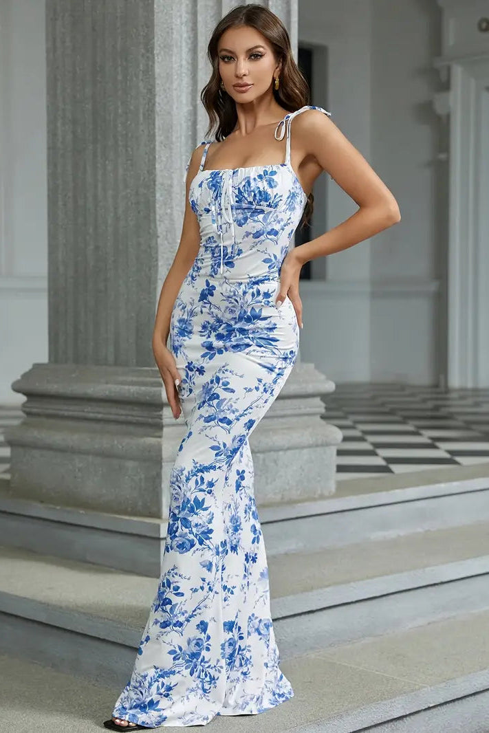 Belle Floral Print Tie Shoulder Mermaid Hem Dress