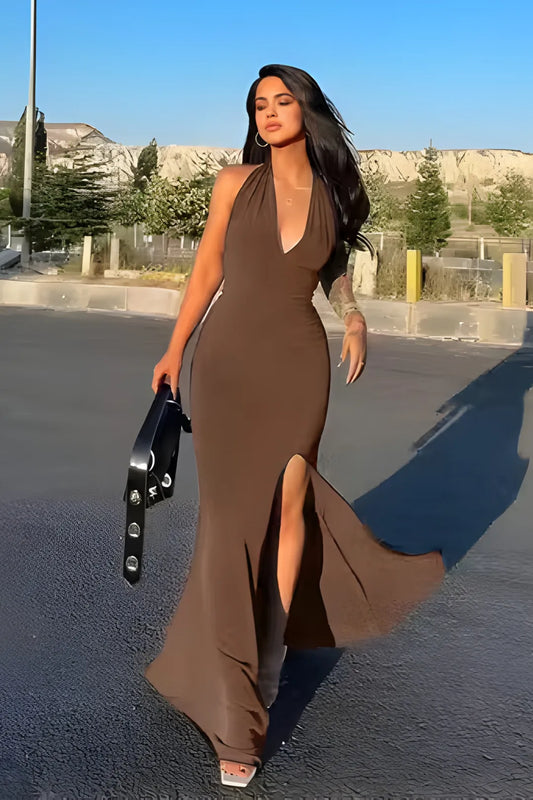 Brown Halter Neck Slit Maxi Dress