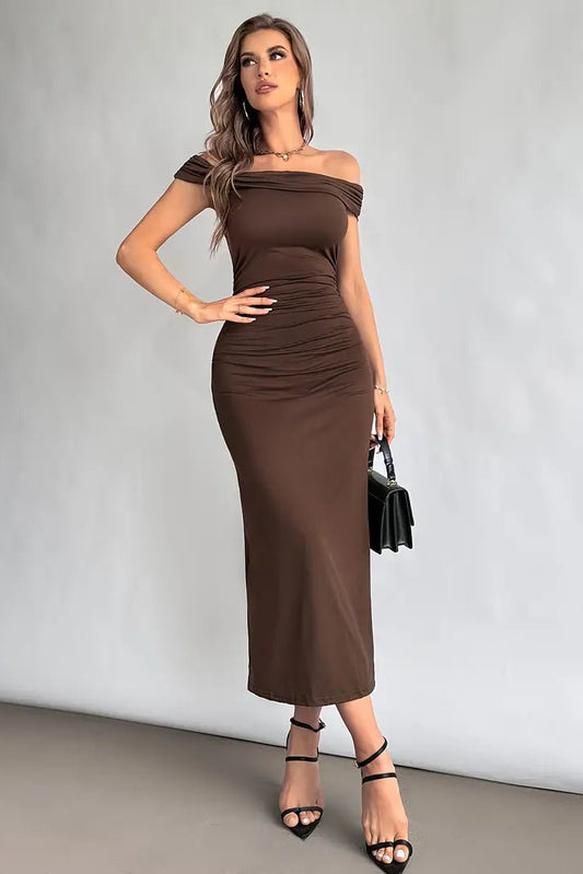 Off-the-Shoulder Ruched Midi Dress