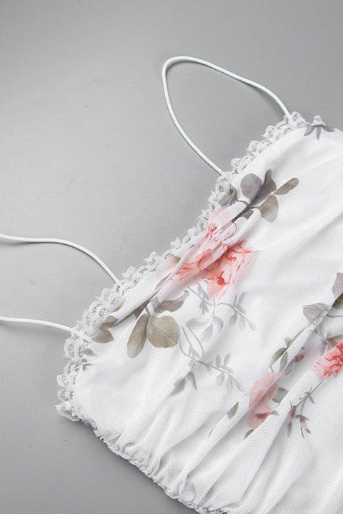 White Floral Print Ruched Mesh Dress