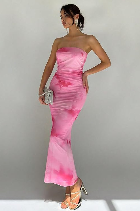 Pink Floral Strapless Maxi Dress