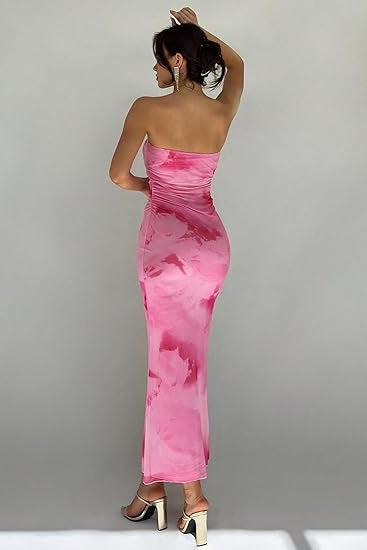 Pink Floral Strapless Maxi Dress