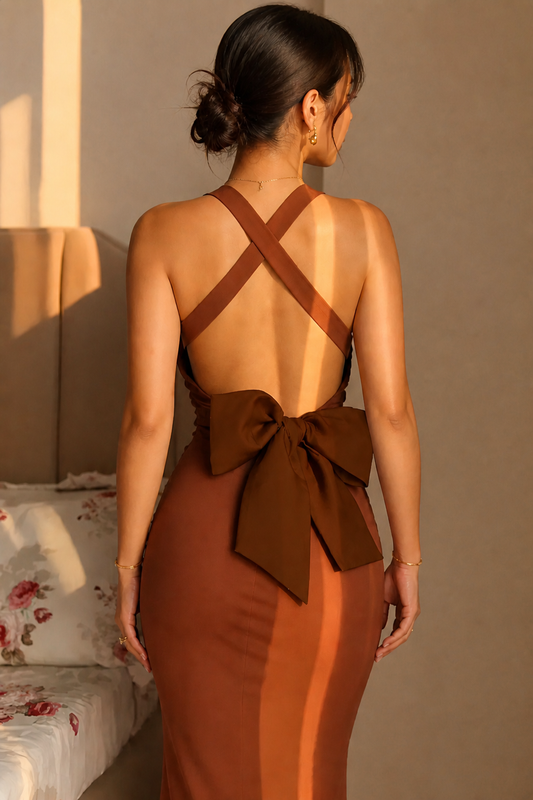 Brown Bow Backless Dress