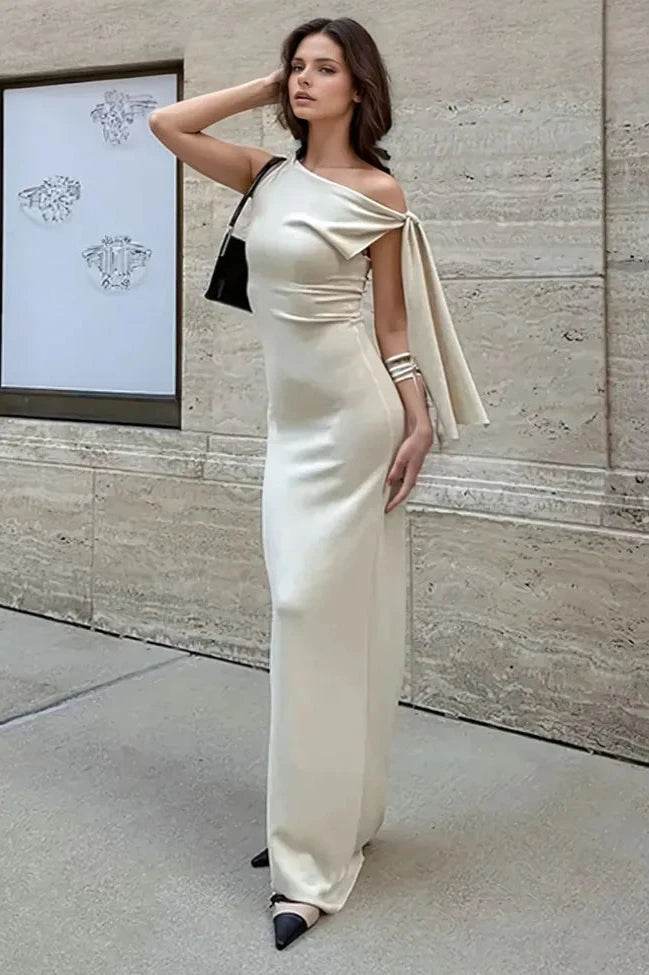 Off White Solid Tie Up Maxi Dress