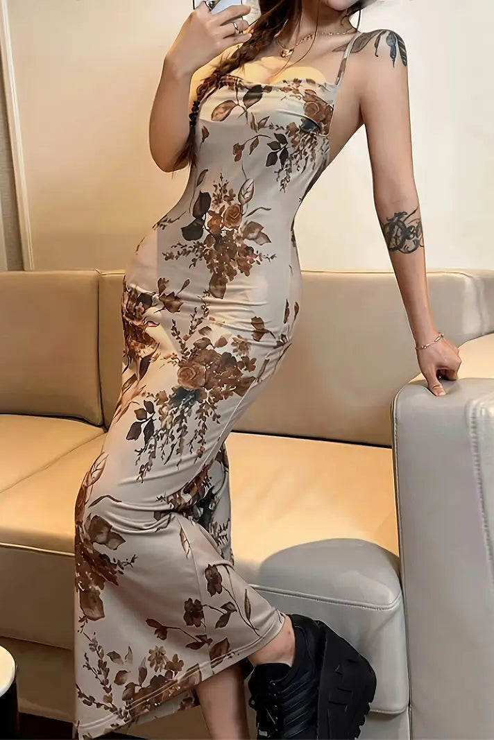 Brown Floral Print Maxi Dress