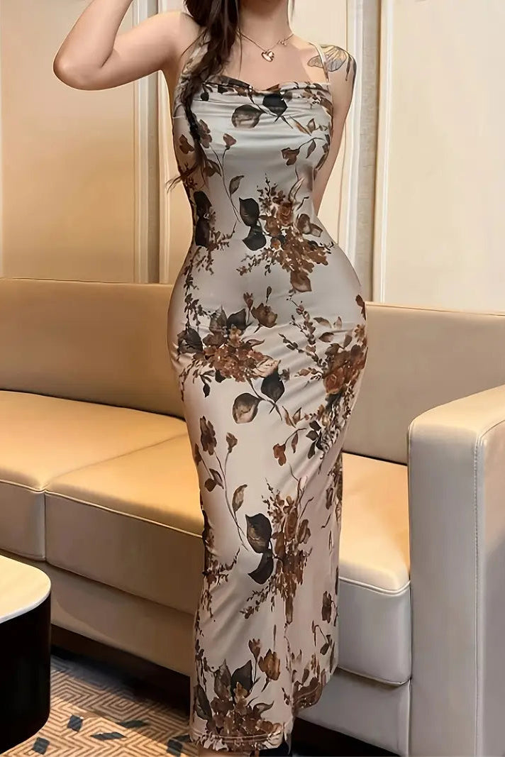 Brown Floral Print Maxi Dress