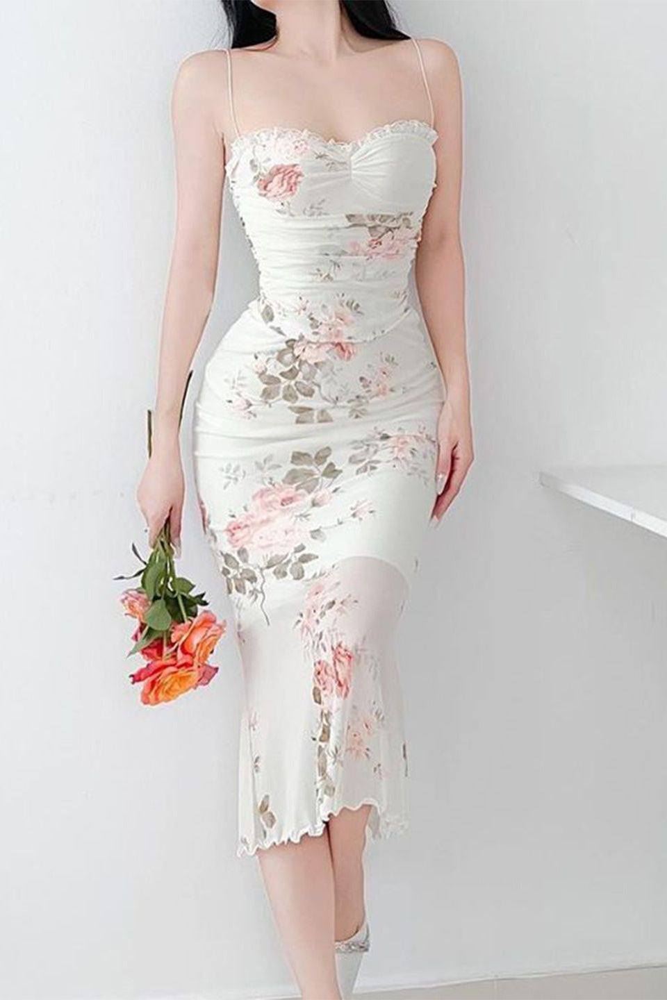 White Floral Print Ruched Mesh Dress