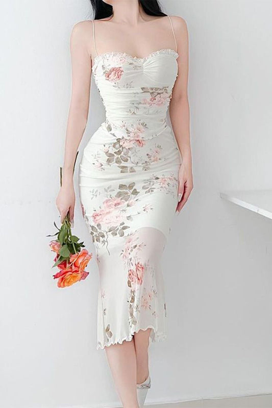 White Floral Print Ruched Mesh Dress